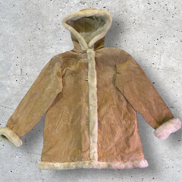 Wilson's Leather 1X Maxima Coat Jacket Attached Hood Faux Fur Trim Tan Suede - Picture 1 of 15